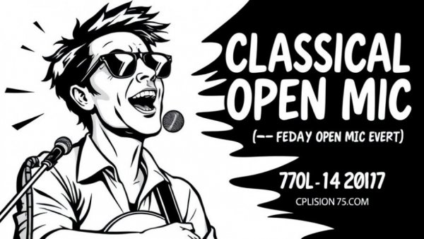 Illustrated poster for local events: Classical Open Mic, Durham NC.