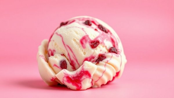 Baskin-Robbins scoop of vanilla ice cream with berry swirls.