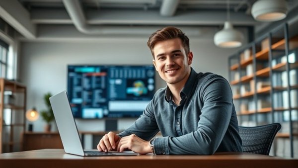 Young man in modern office discussing cross-border payments