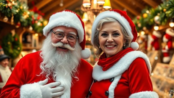 Santa photos Holiday events: Santa and Mrs. Claus smiling at market.