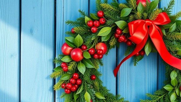 Eco-friendly Christmas wreath with greenery and berries on a blue wooden background.