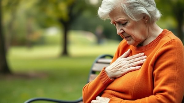 Elderly woman coughing outdoors, potential serious illness.
