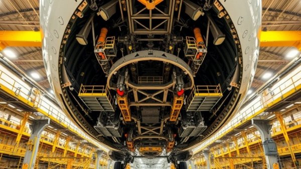 Underbelly of Airbus aircraft in assembly line, showcasing metalwork.