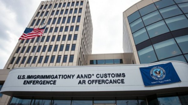 U.S. Immigration and Customs Enforcement building showcasing flags and facade