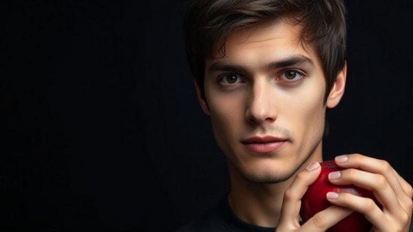 Young man holding a red apple with a confident look