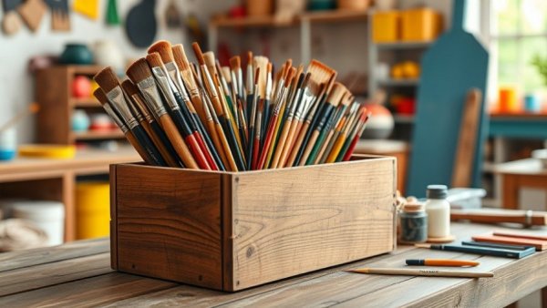 Craft tools on table in vibrant workshop for sustainable home design.
