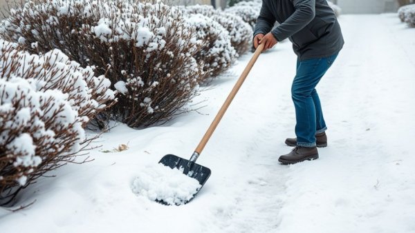 Person shoveling snow using sustainable de-icer methods in a winter scene.