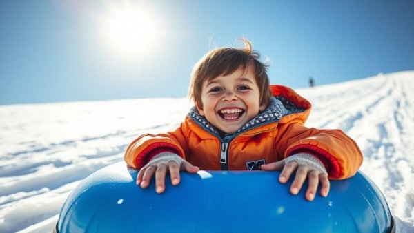 Child enjoying snow tubing, winter fun in Boone, NC.
