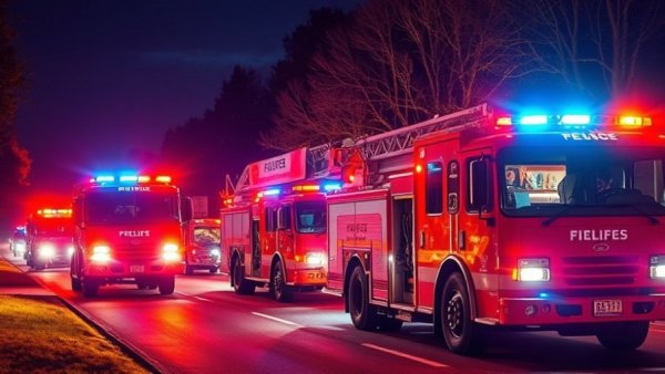 Fire trucks responding at night for fire safety education.