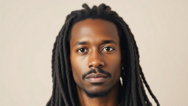 Close-up of a man with dreadlocks, neutral expression.