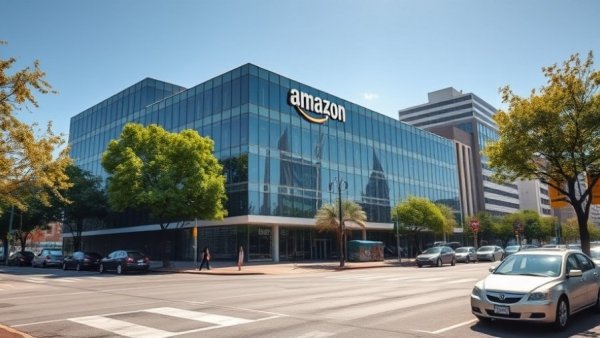 Amazon office building in sunny urban area, six figures at tech giants.