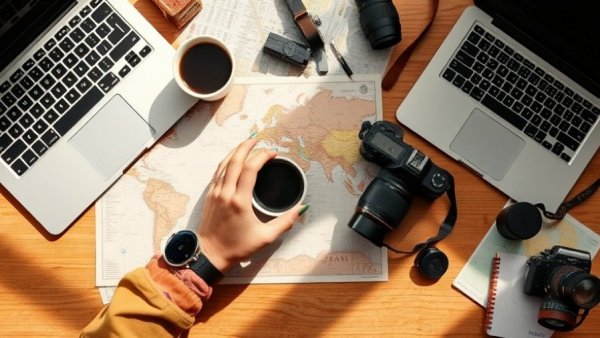 Travel planning scene with maps, camera, laptop, eco-friendly accommodation.