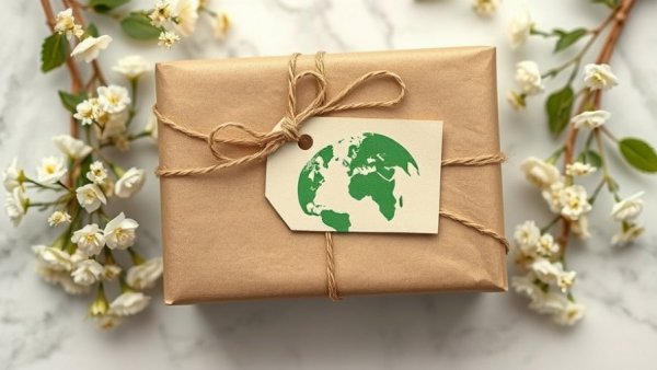 Eco-friendly wrapped gift with green tag, flowers, and twine.