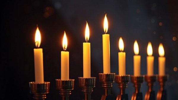 Elegant menorah glowing with lit candles, Downtown Raleigh Menorah Lighting
