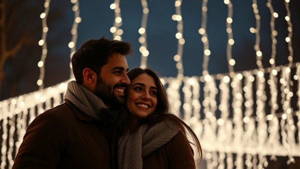 Couple enjoys Winter Wonderlights under cascading illumination.