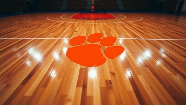Clemson Tigers paw logo on basketball court floor, sports rivalry theme.