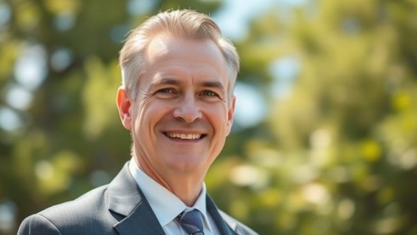 Confident man smiling outdoors, foliage background, bright daylight.