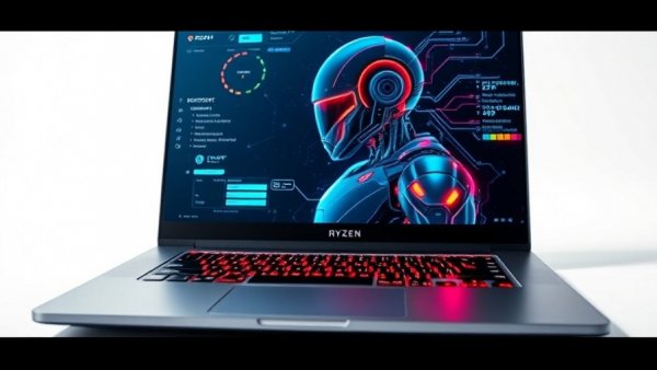 Vibrant laptop with RYZEN showing tech graphics, Amazon Discounts Post-Cyber Monday.