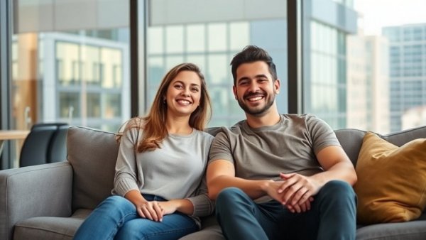 Smiling young woman and man in a modern apartment, youngest self-made female billionaire setting.