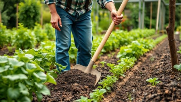 Gardener feeding soil with compost in vibrant vegetable garden.