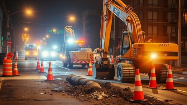 Construction at night in Spartanburg repairing water main.
