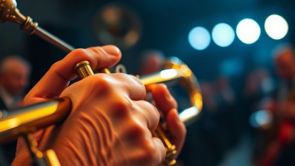 Close-up of a trumpet player's hand in a community band.