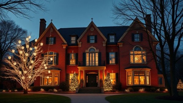 North Carolina Executive Mansion during holiday open house with festive lights.