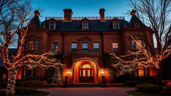 North Carolina Executive Mansion adorned with holiday lights during open house.