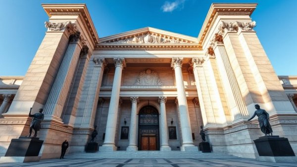 Neoclassical courthouse entrance under clear sky, presidential power over agency board members theme.
