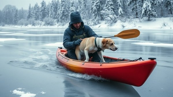 Dog rescue from icy pond by man in kayak, winter scene.