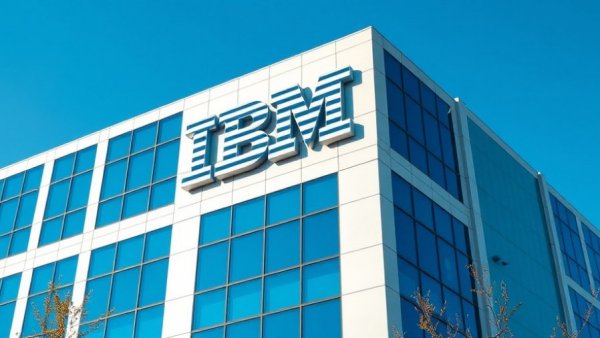 IBM building showcasing logo with clear sky and blue windows.