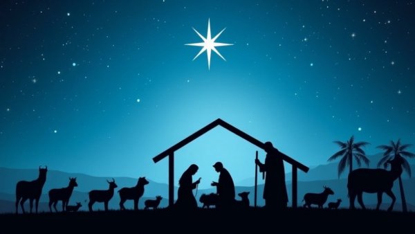 Serene nativity scene depicting local events under a starry night.