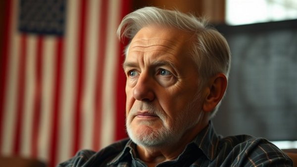 Older male reflects indoors with U.S. flag; Trump Economy Consumer Confidence.