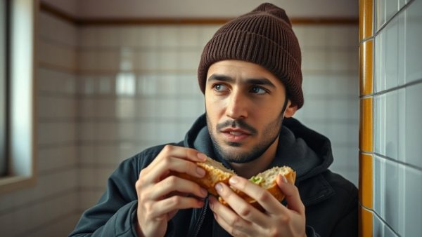 Man in brown beanie eating in a tiled room, Luigi Mangione Arrest Dec 2024.