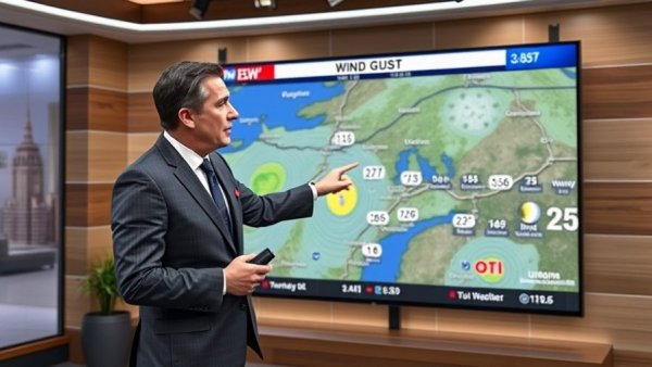 Weather presenter discussing dry weather forecast on screen