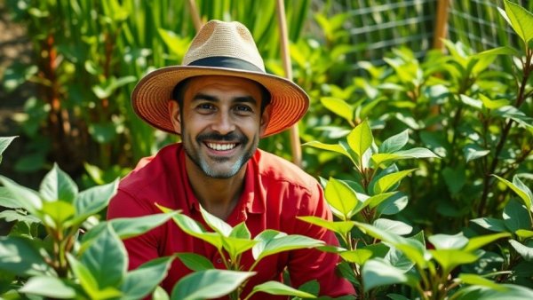 Smiling person in a garden surrounded by lush plants, showcasing eco-friendly gardening.