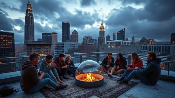 Winter activities in Charlotte: rooftop igloo with city skyline.