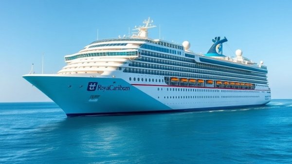 Royal Caribbean ship close-up, clear sea background.