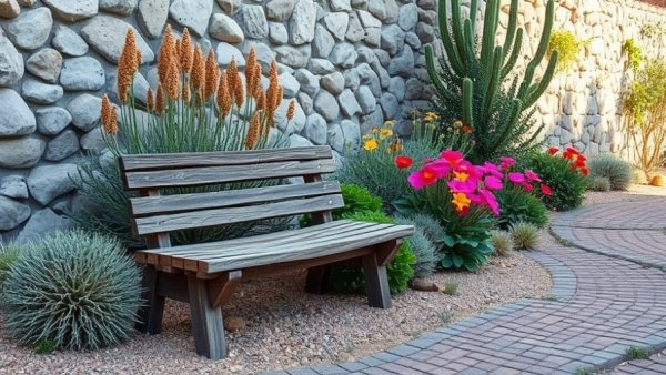 Arid garden with drought-tolerant plants and stone wall in Texas.