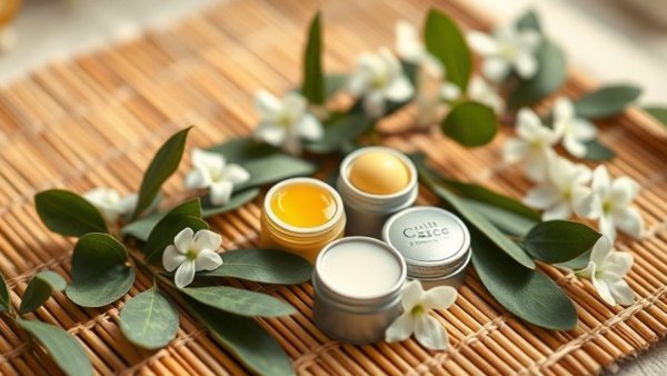 Eco-friendly lip balm tins displayed with eucalyptus leaves and flowers.