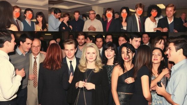 Collage of grayscale and color photographs with redacted faces.