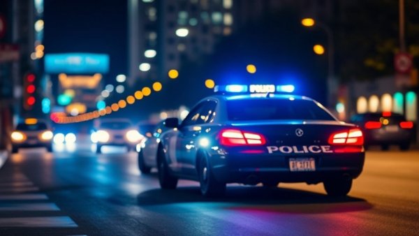 Police car with flashing lights at night scene, wrong-way crash.