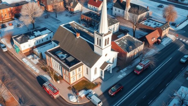 Aerial view of church and fire truck in a quiet town setting.