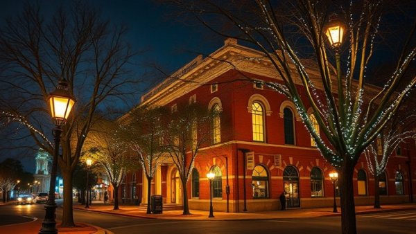 Nighttime brick building scene on Main Street Greenville.