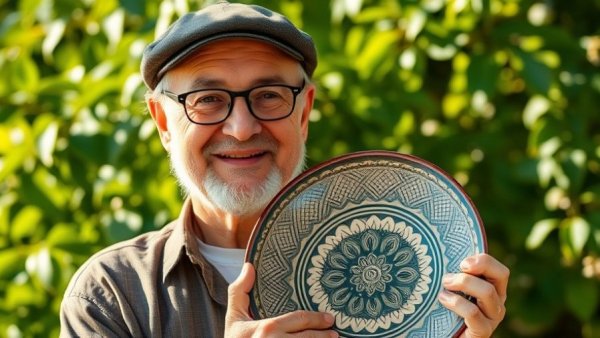 Potter at Holiday Kiln Opening Mark Hewitt Pottery holding crafted plate.