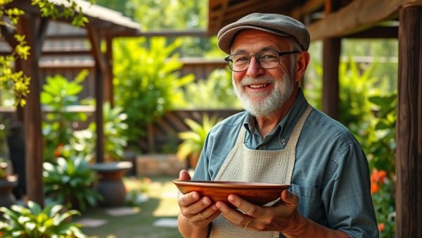 Older man with ceramic plate in garden, Holiday Kiln Opening at Mark Hewitt Pottery.