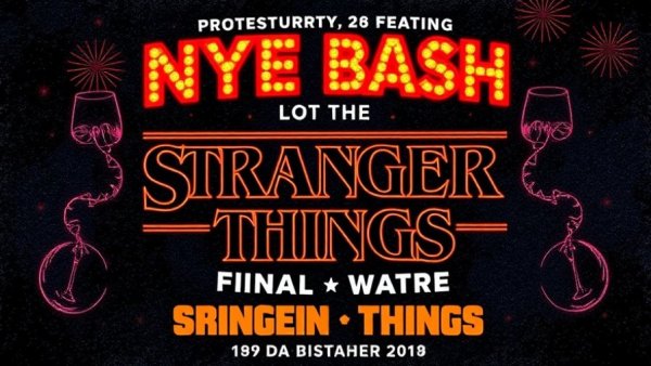 Vibrant NYE Bash at The Baxter poster highlighting Stranger Things finale.