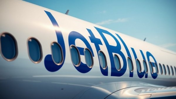 JetBlue flight avoids midair collision, close-up of airplane logo.