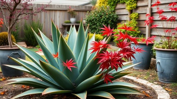 Eco-friendly gardening with agave and red maple leaves.