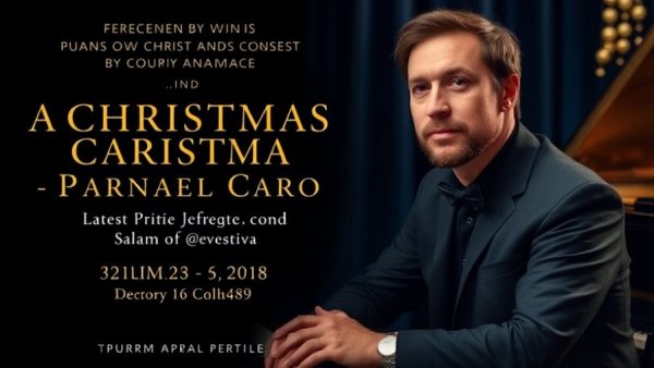 A Christmas Carol concert poster with event details and pianist portrait.
